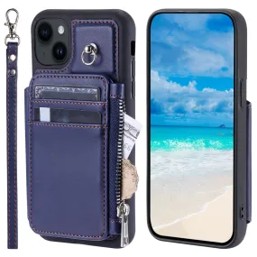 009 Anti-Scratch Phone Case for iPhone 15 , Wallet RFID Blocking PU TPU Cover Kickstand Zipper Shell with Strap