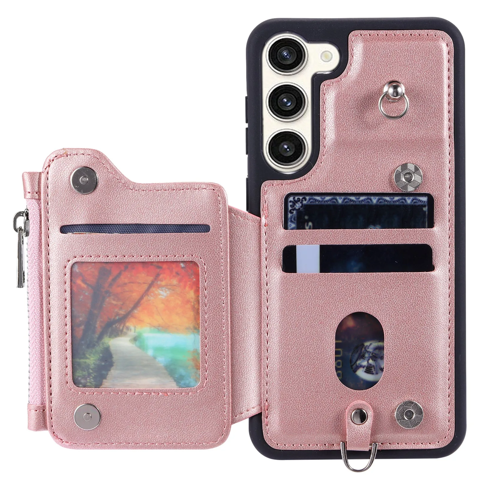 009 For Samsung Galaxy S23  PU Leather Coated TPU Phone Case RFID Blocking Zipper Wallet Kickstand Cover with Wrist Strap