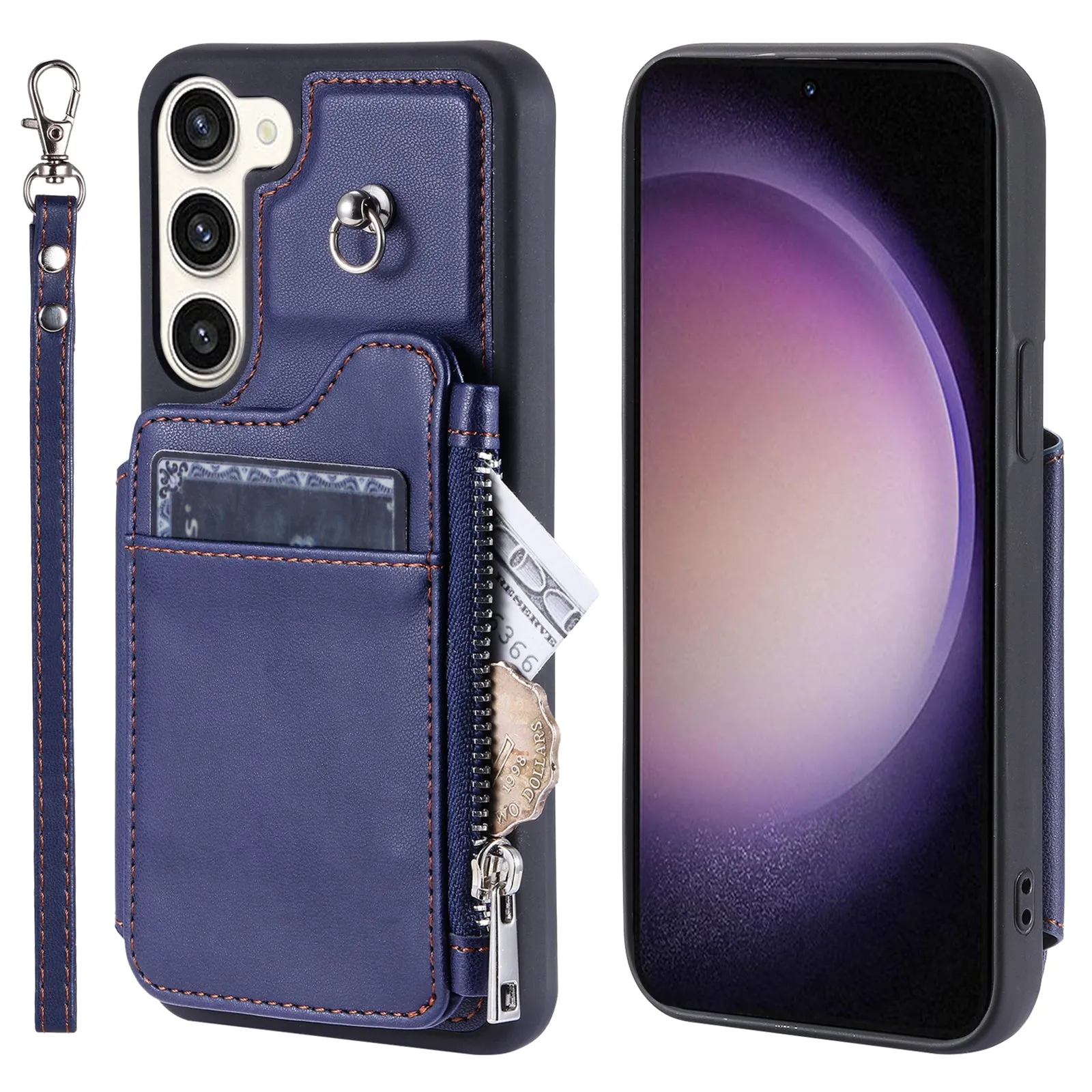 009 For Samsung Galaxy S23  PU Leather Coated TPU Phone Case RFID Blocking Zipper Wallet Kickstand Cover with Wrist Strap