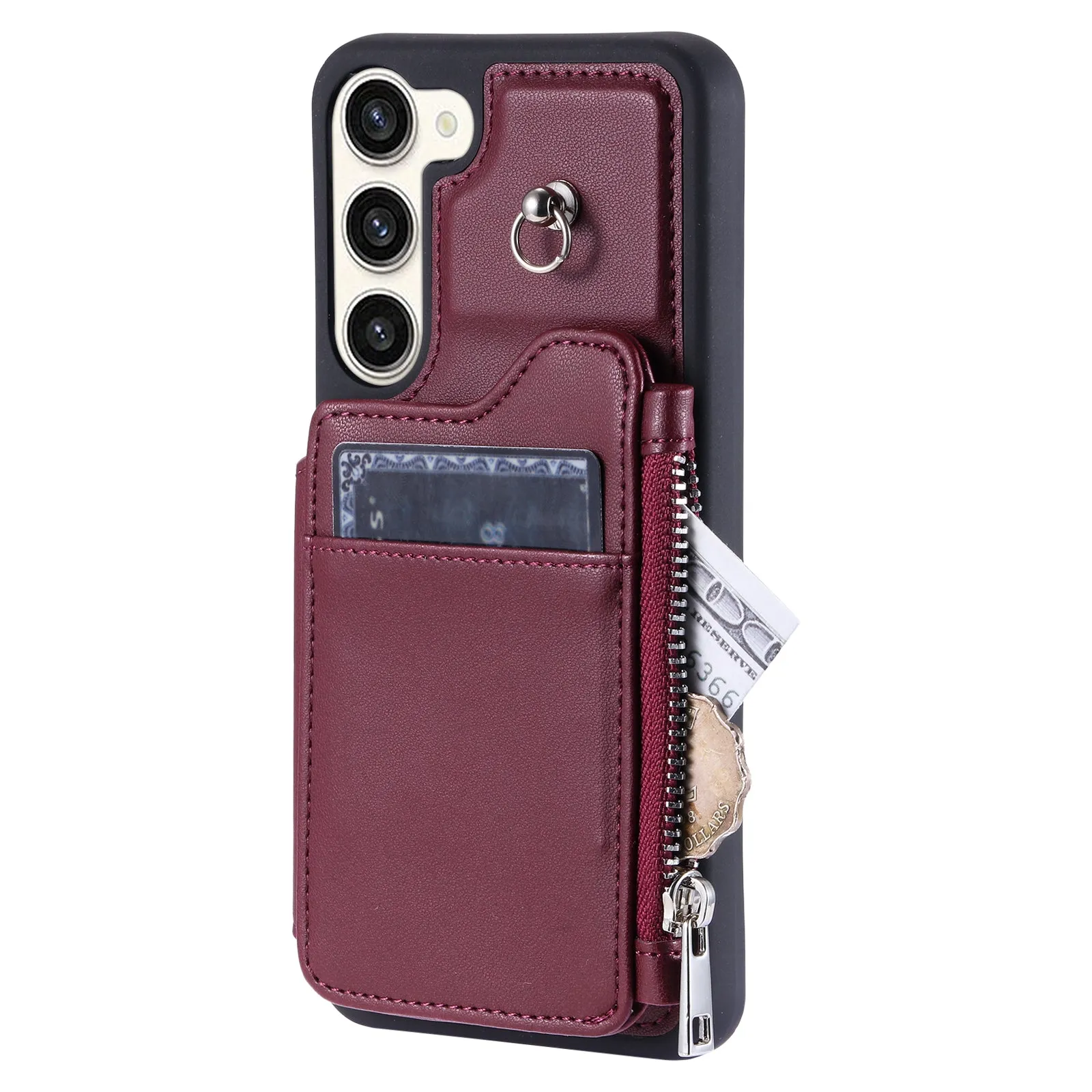 009 For Samsung Galaxy S23  PU Leather Coated TPU Phone Case RFID Blocking Zipper Wallet Kickstand Cover with Wrist Strap