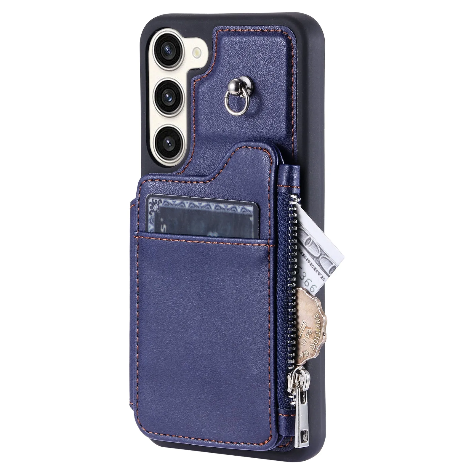 009 For Samsung Galaxy S23  PU Leather Coated TPU Phone Case RFID Blocking Zipper Wallet Kickstand Cover with Wrist Strap