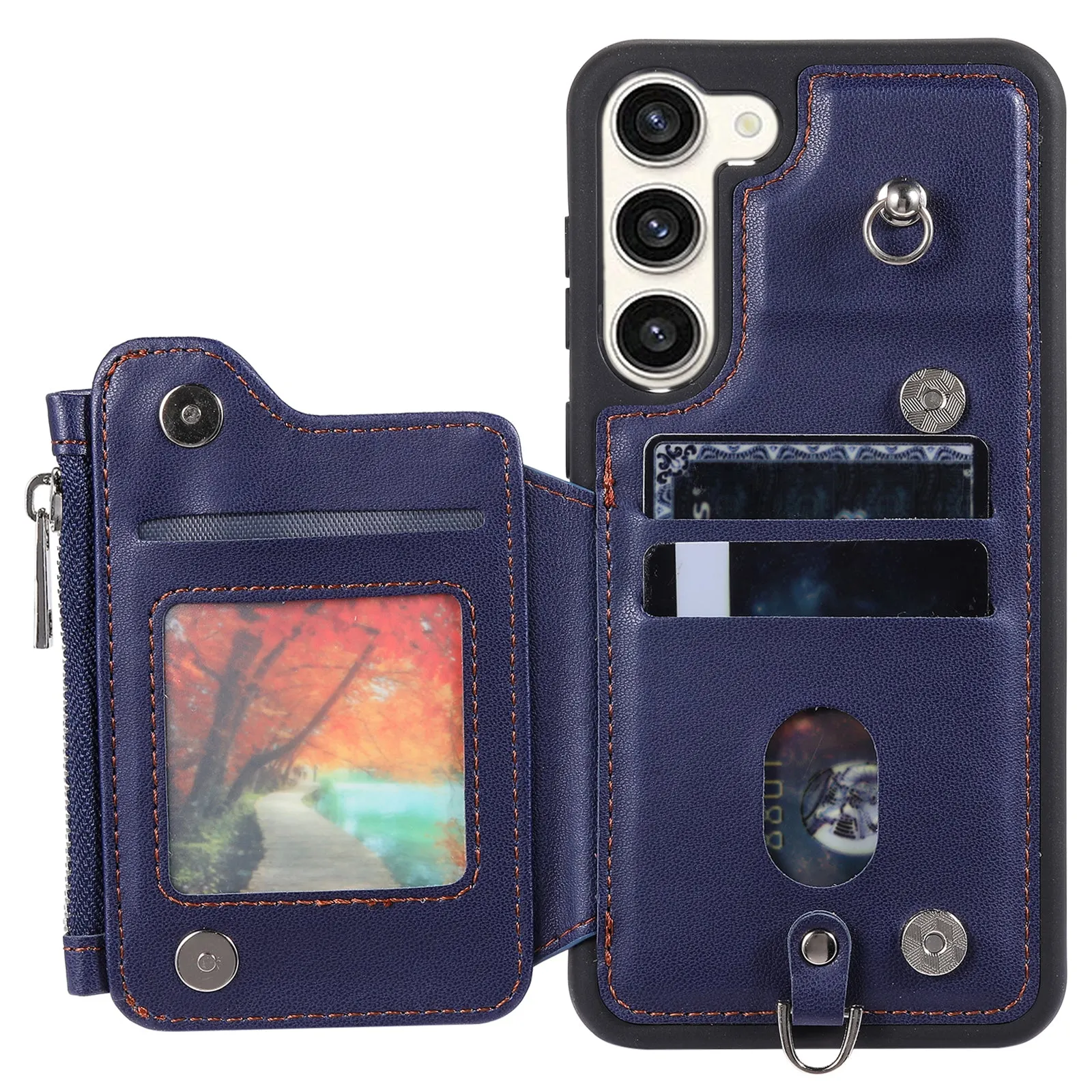 009 For Samsung Galaxy S23  PU Leather Coated TPU Phone Case RFID Blocking Zipper Wallet Kickstand Cover with Wrist Strap