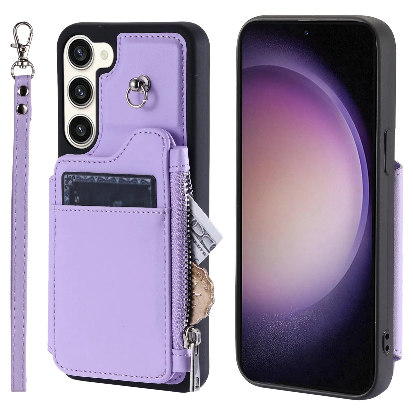 009 For Samsung Galaxy S23  PU Leather Coated TPU Phone Case RFID Blocking Zipper Wallet Kickstand Cover with Wrist Strap