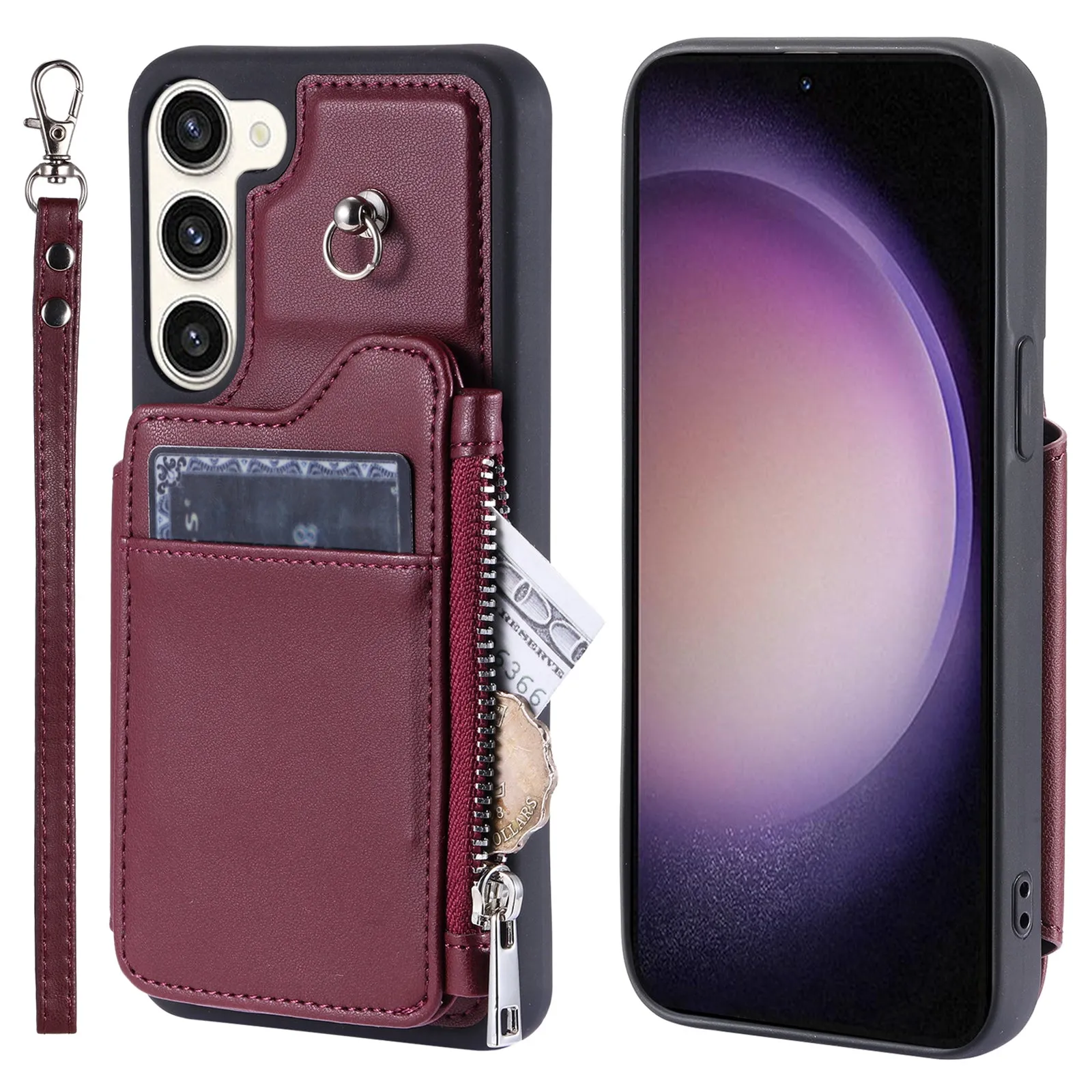 009 For Samsung Galaxy S23  PU Leather Coated TPU Phone Case RFID Blocking Zipper Wallet Kickstand Cover with Wrist Strap