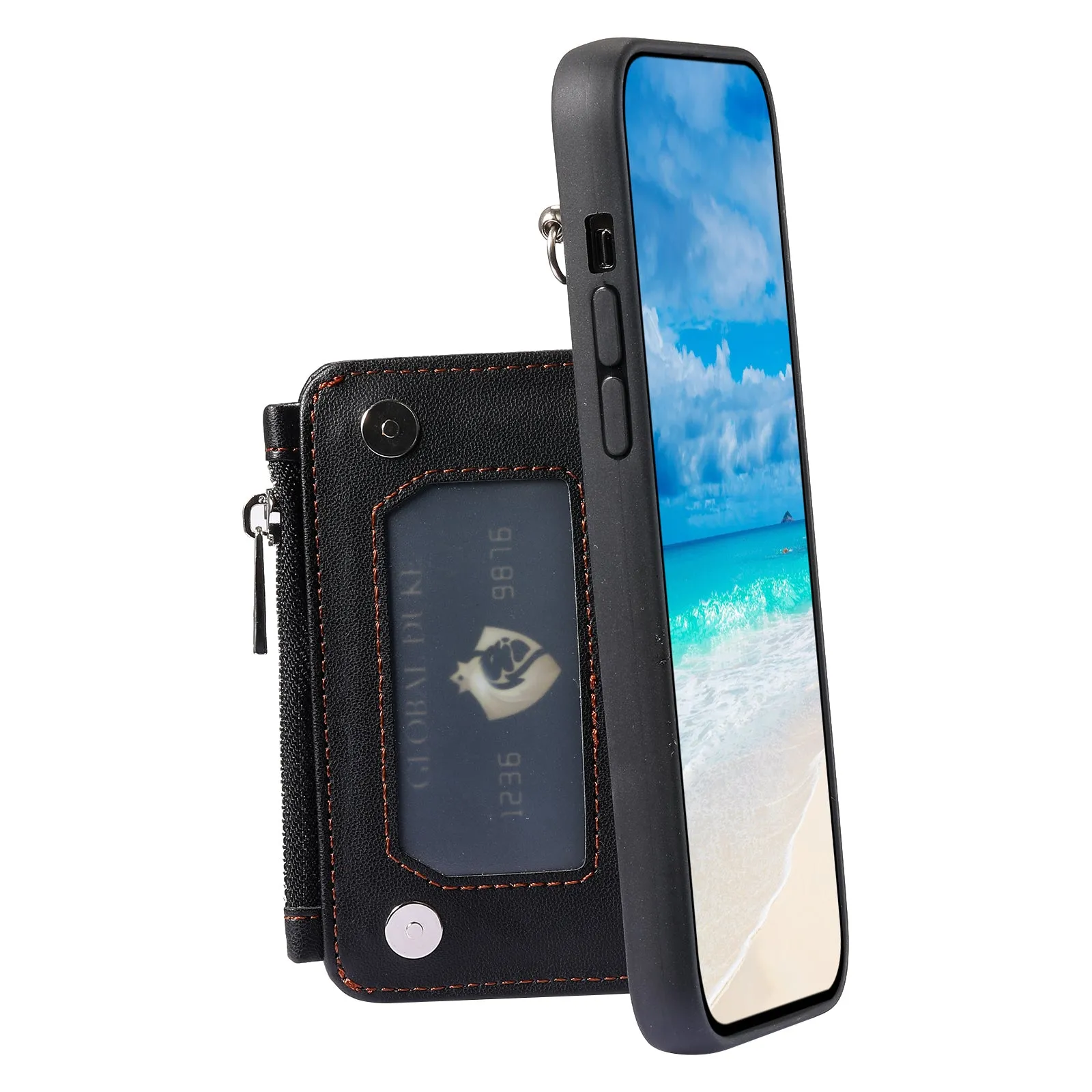 009 For Samsung Galaxy S23  PU Leather Coated TPU Phone Case RFID Blocking Zipper Wallet Kickstand Cover with Wrist Strap