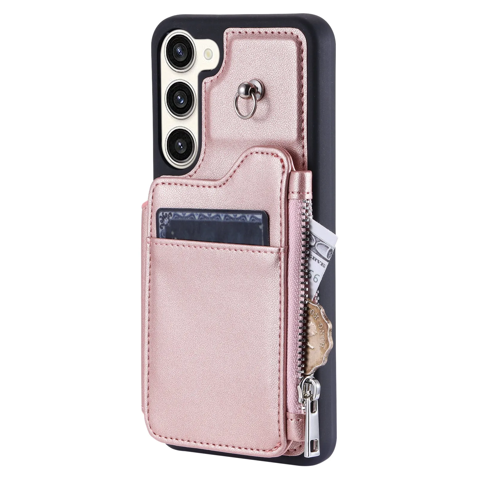 009 For Samsung Galaxy S23  PU Leather Coated TPU Phone Case RFID Blocking Zipper Wallet Kickstand Cover with Wrist Strap