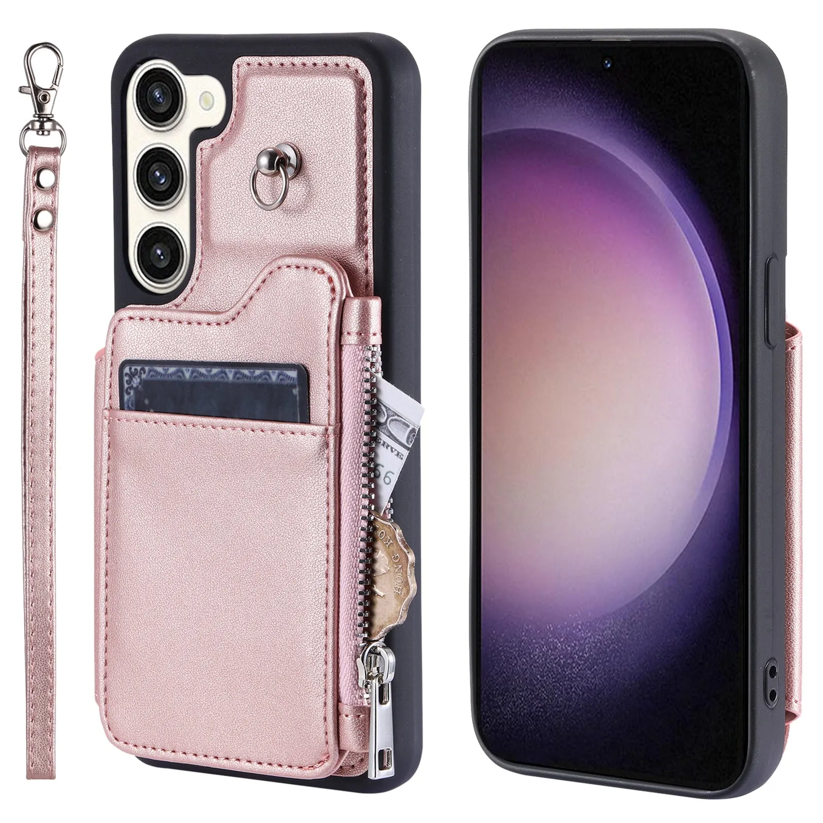 009 For Samsung Galaxy S23  PU Leather Coated TPU Phone Case RFID Blocking Zipper Wallet Kickstand Cover with Wrist Strap