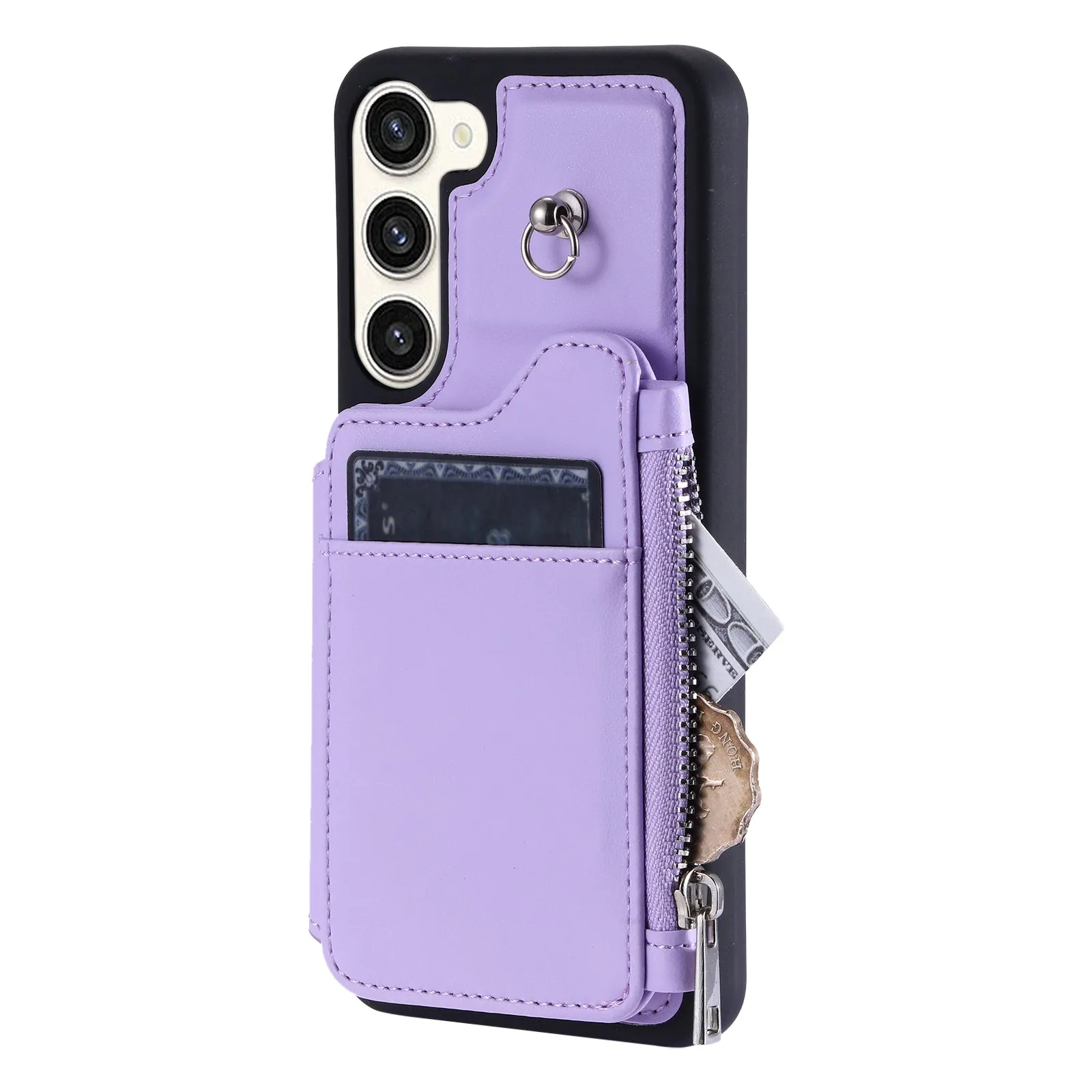 009 For Samsung Galaxy S23  PU Leather Coated TPU Phone Case RFID Blocking Zipper Wallet Kickstand Cover with Wrist Strap