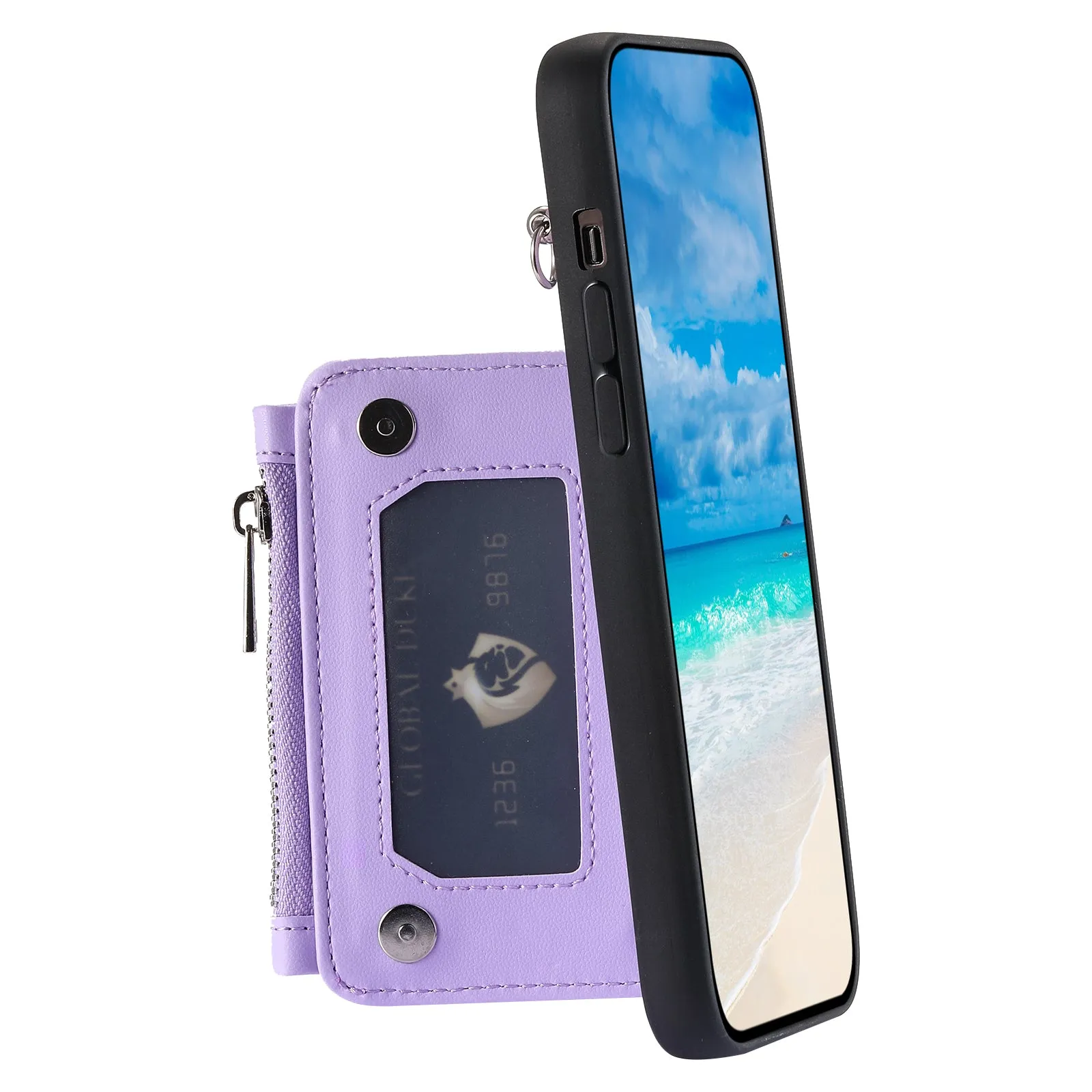 009 For Samsung Galaxy S23  PU Leather Coated TPU Phone Case RFID Blocking Zipper Wallet Kickstand Cover with Wrist Strap