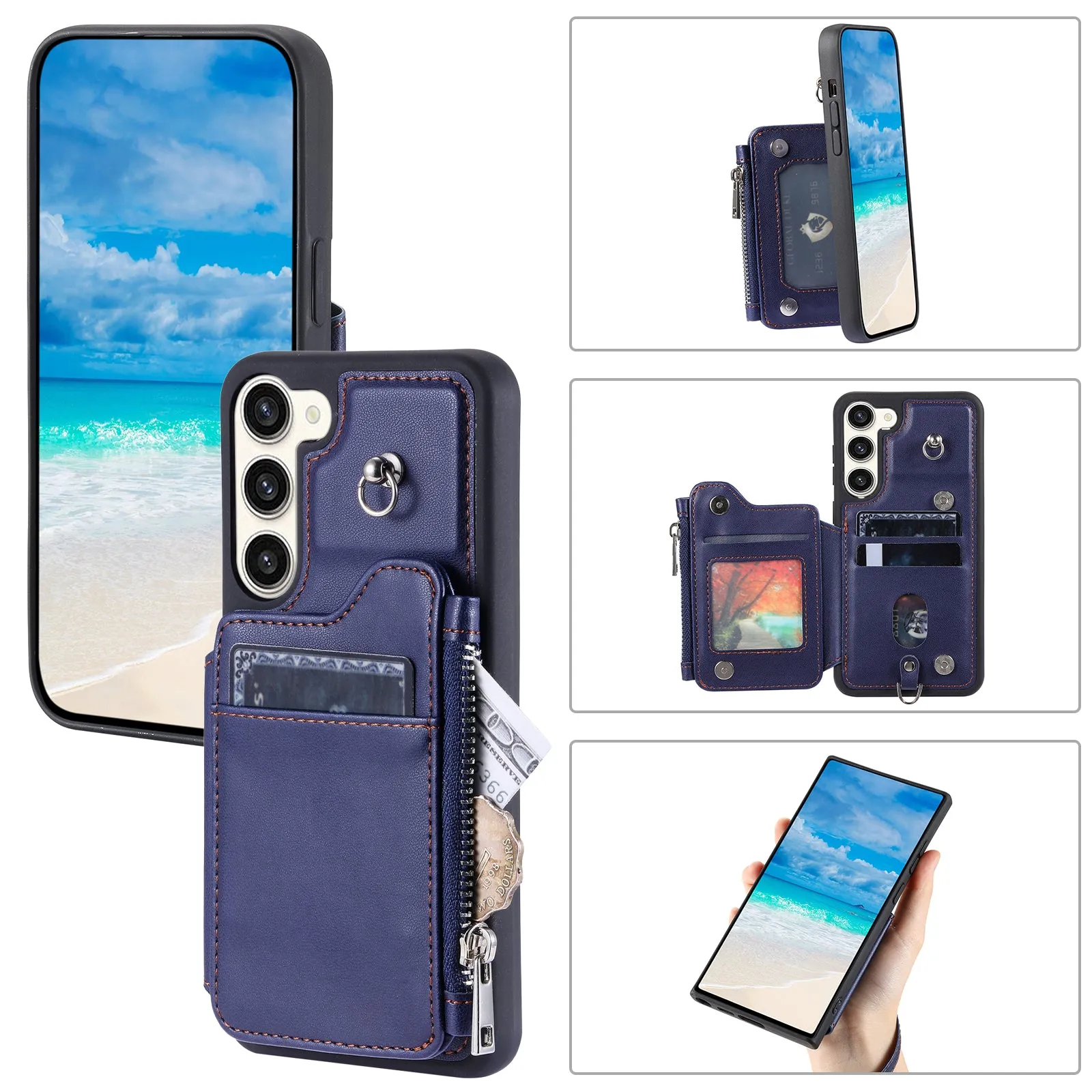 009 For Samsung Galaxy S23  PU Leather Coated TPU Phone Case RFID Blocking Zipper Wallet Kickstand Cover with Wrist Strap