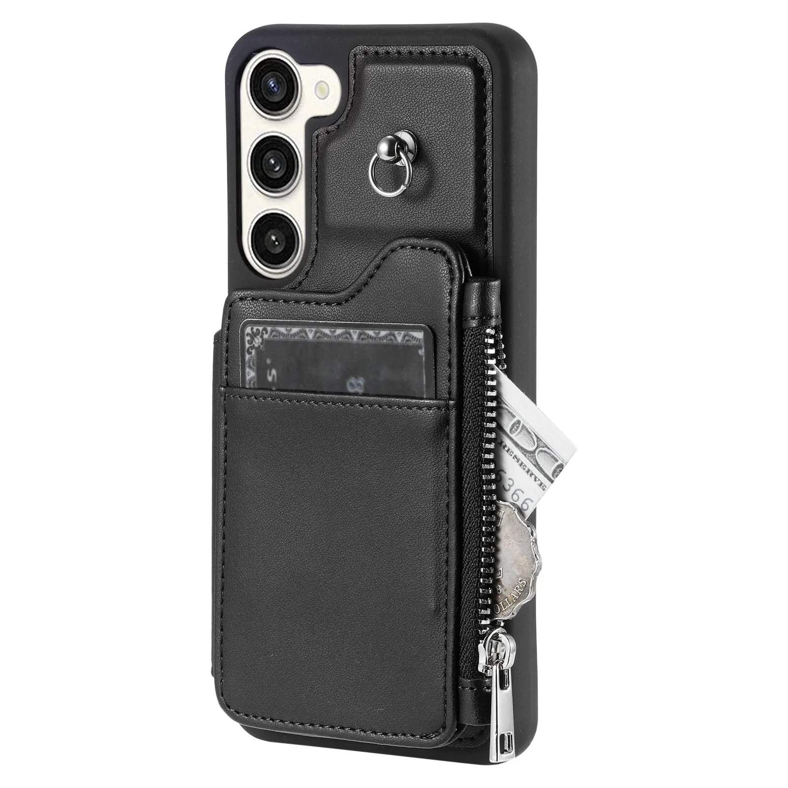 009 For Samsung Galaxy S23  PU Leather Coated TPU Phone Case RFID Blocking Zipper Wallet Kickstand Cover with Wrist Strap