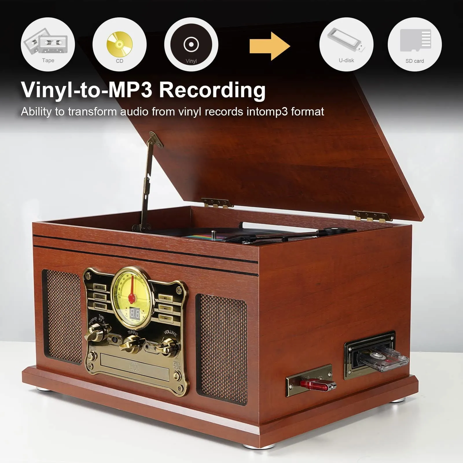 10 in 1 Bluetooth Record Player, 3-Speed Turntable for Vinyl with Speakers, LP to MP3 Converter, CD, Cassette Player, FM Radio, Wireless Streaming | Mahogany