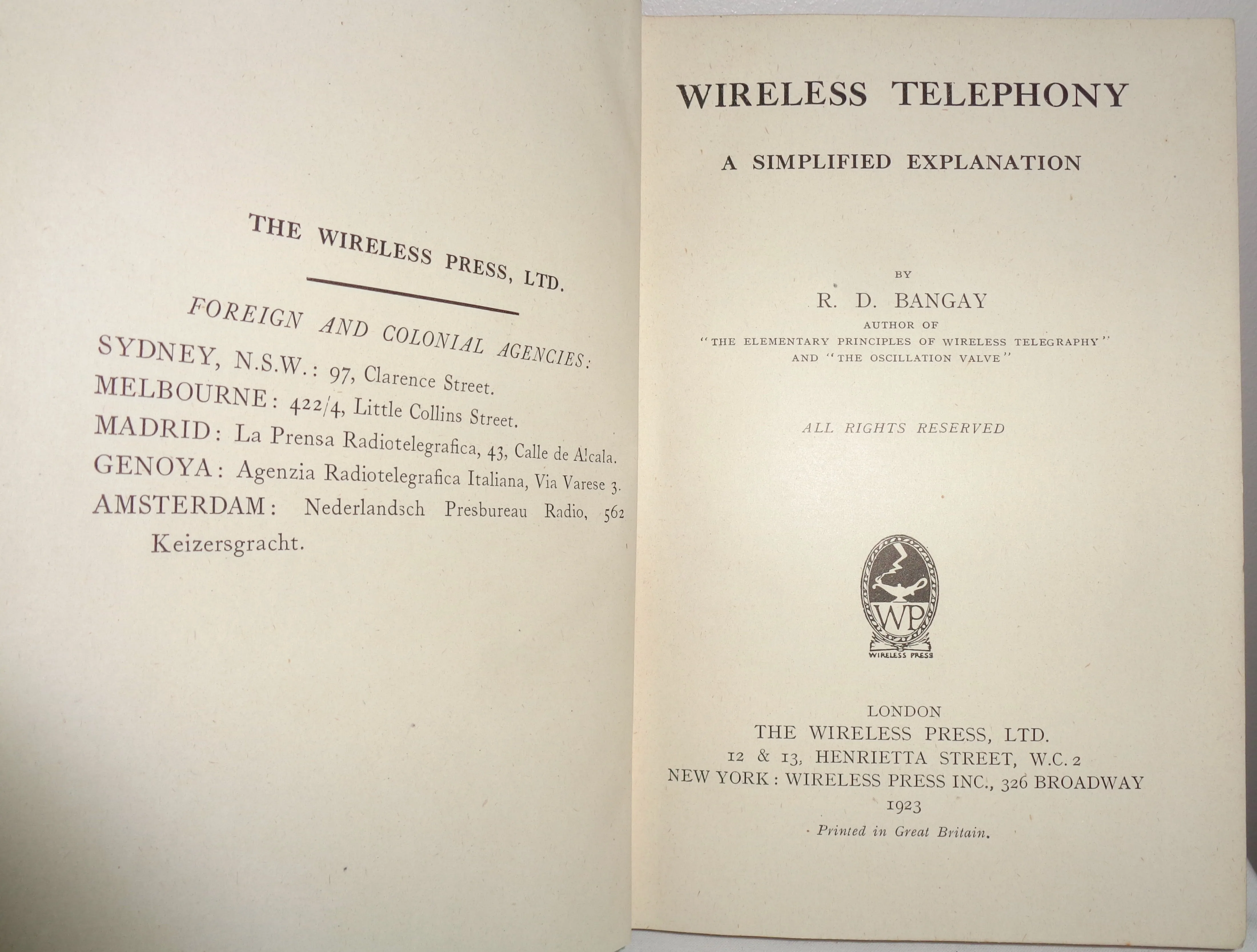 1923 Wireless Telephony A Simplified Explanation Book By RD Bangay