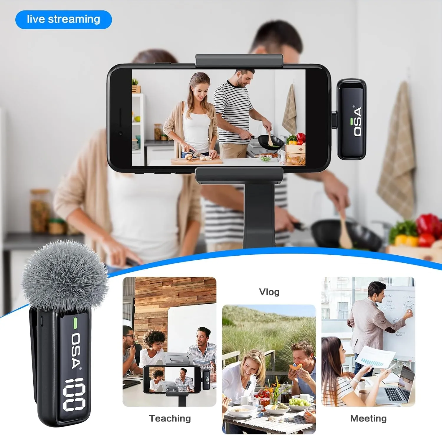 2Pcs Wireless Microphone for iPhone iPad with Charging Case and Transmitter Digital Display, 40H Clip on Wireless Lavalier Microphone for Video Recording