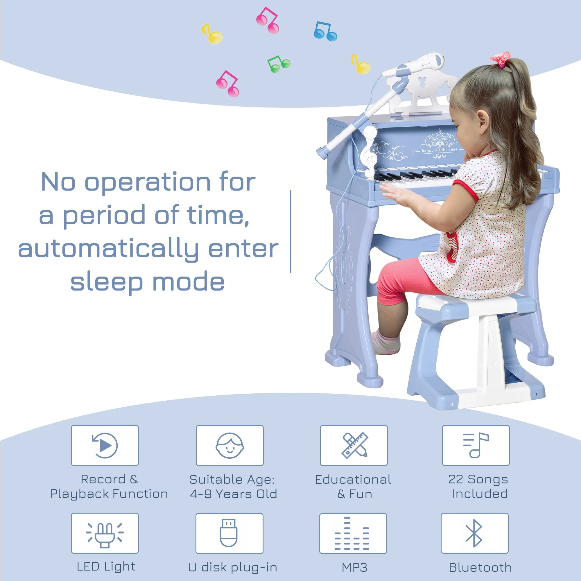 37 Keys Mini Electronic Keyboard Kids Musical Instrument Educational Game Children Grand Piano Toy Set w/Stool & Microphone & Music Blue