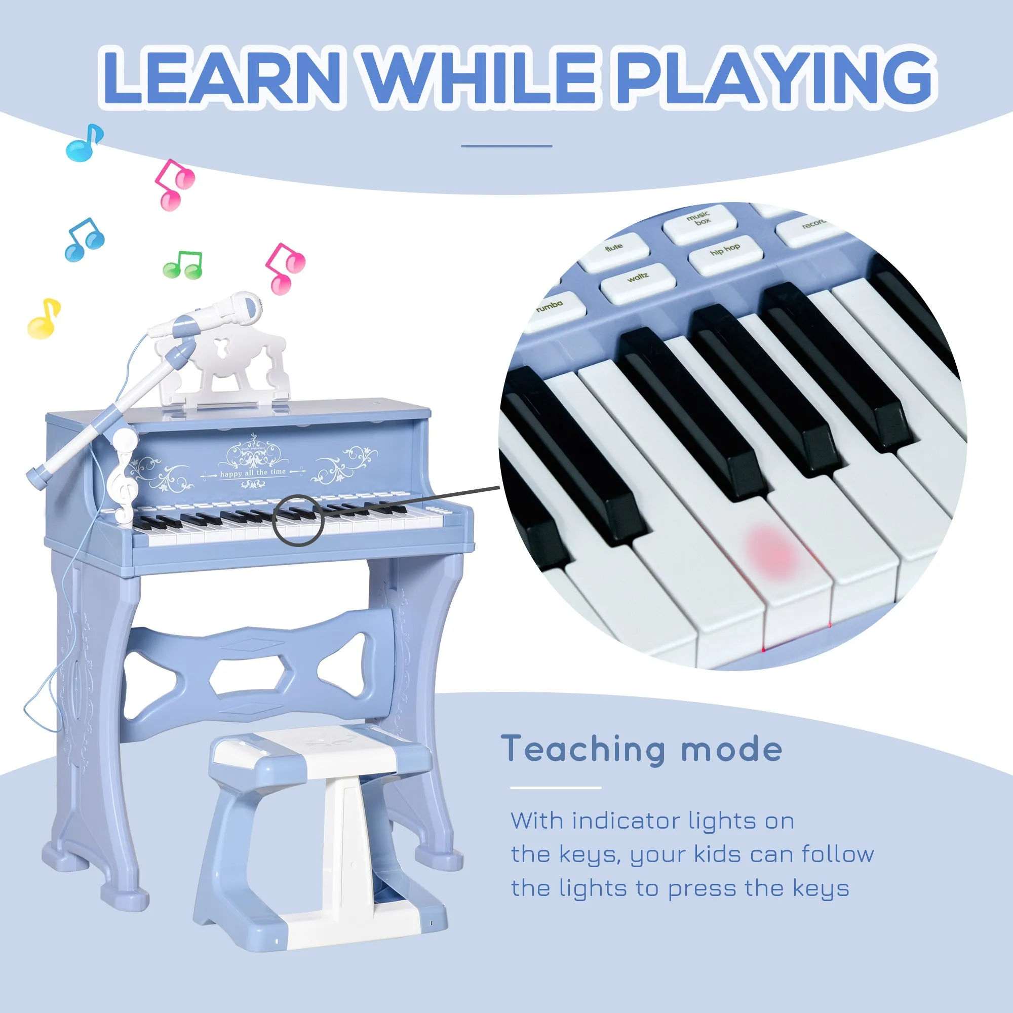 37 Keys Mini Electronic Keyboard Kids Musical Instrument Educational Game Children Grand Piano Toy Set w/Stool & Microphone & Music Blue