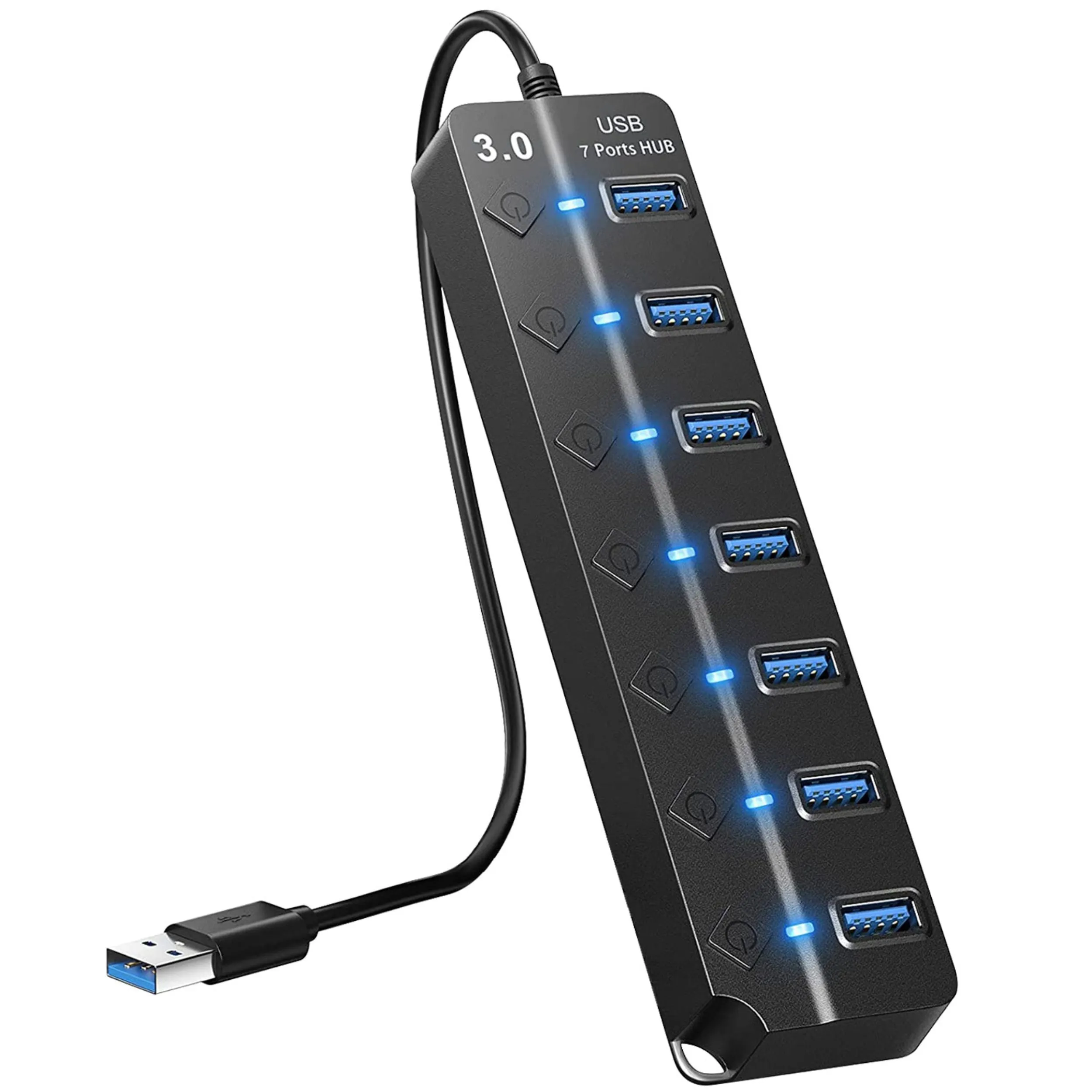 7-Port USB3.0 Hub: High Speed Data Expander with ON/OFF Switch - Black