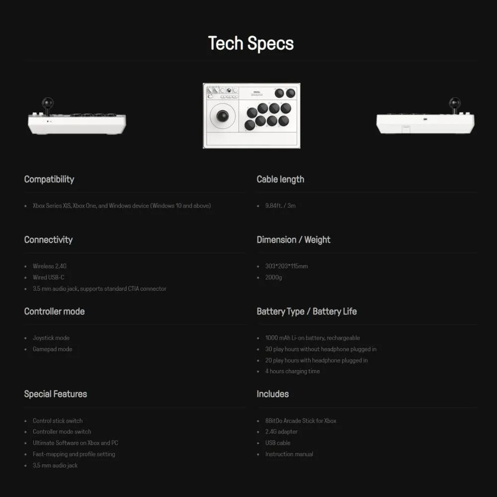 8BitDo Arcade Stick for Xbox Series X/S/One: Turbo & Macro Functions. 2.4G and USB Wired Connectivity