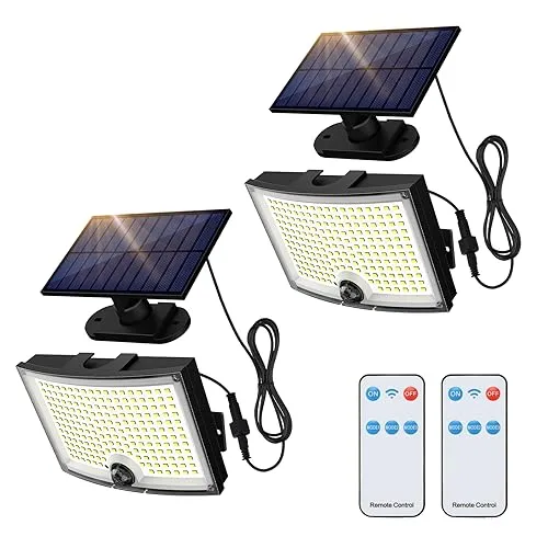 Adiding Solar Outdoor Lights, 3500LM 202 LED Solar Flood Lights, Motion Sensor Outdoor Lights Solar Powered-3 Modes/16.4ft Cord/Remote, Solar Lights Outdoor Waterproof for Outside Patio,Garage, 2 Pack