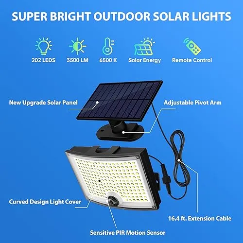 Adiding Solar Outdoor Lights, 3500LM 202 LED Solar Flood Lights, Motion Sensor Outdoor Lights Solar Powered-3 Modes/16.4ft Cord/Remote, Solar Lights Outdoor Waterproof for Outside Patio,Garage, 2 Pack