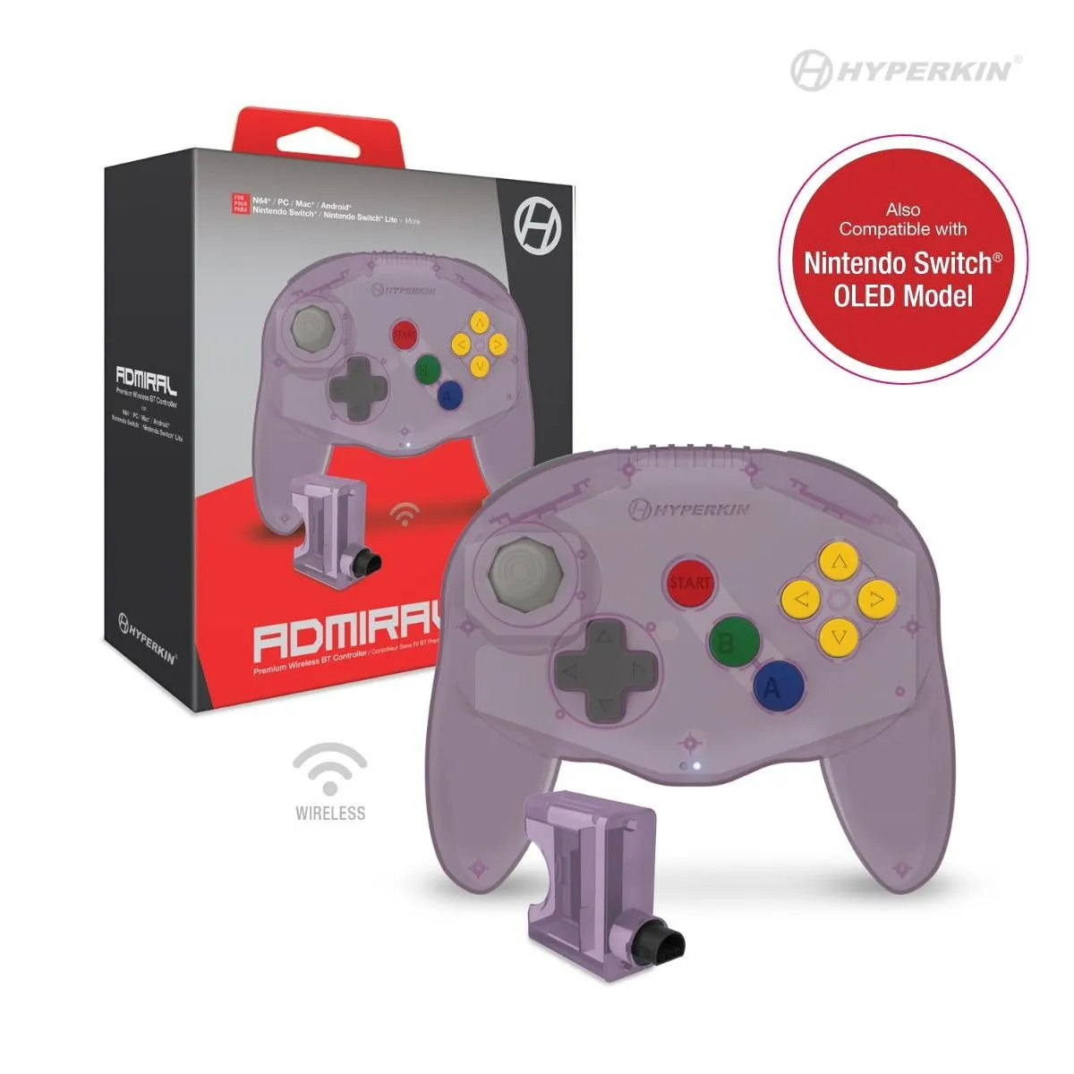 Admiral Premium wireless BT controller for N64/ Nintendo Switch/ Nintendo Switch Lite/ PC/ Mac/ Android - Atomic Purple | Hyperkin