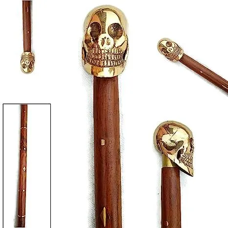 Antique Brass Handle Vintage Style Wooden Walking Cane Stick Skull Head