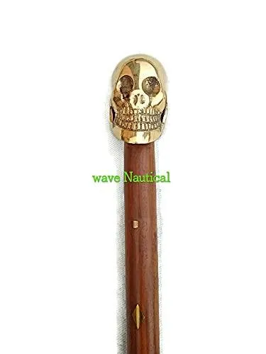 Antique Brass Handle Vintage Style Wooden Walking Cane Stick Skull Head