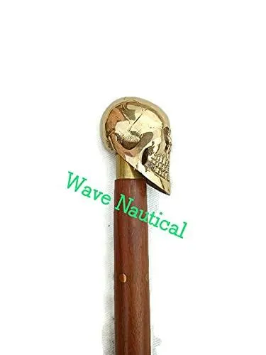 Antique Brass Handle Vintage Style Wooden Walking Cane Stick Skull Head