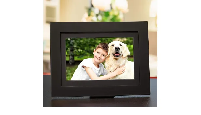 Brookstone PhotoShare 8" or "10” Smart Digital Photo Frame, Send Pics from Phone to Frames, Wi-Fi, Holds Over 5,000 Pics, HD Touch Screen, Premium Black Wood (New Open Box) - Ships Quick!