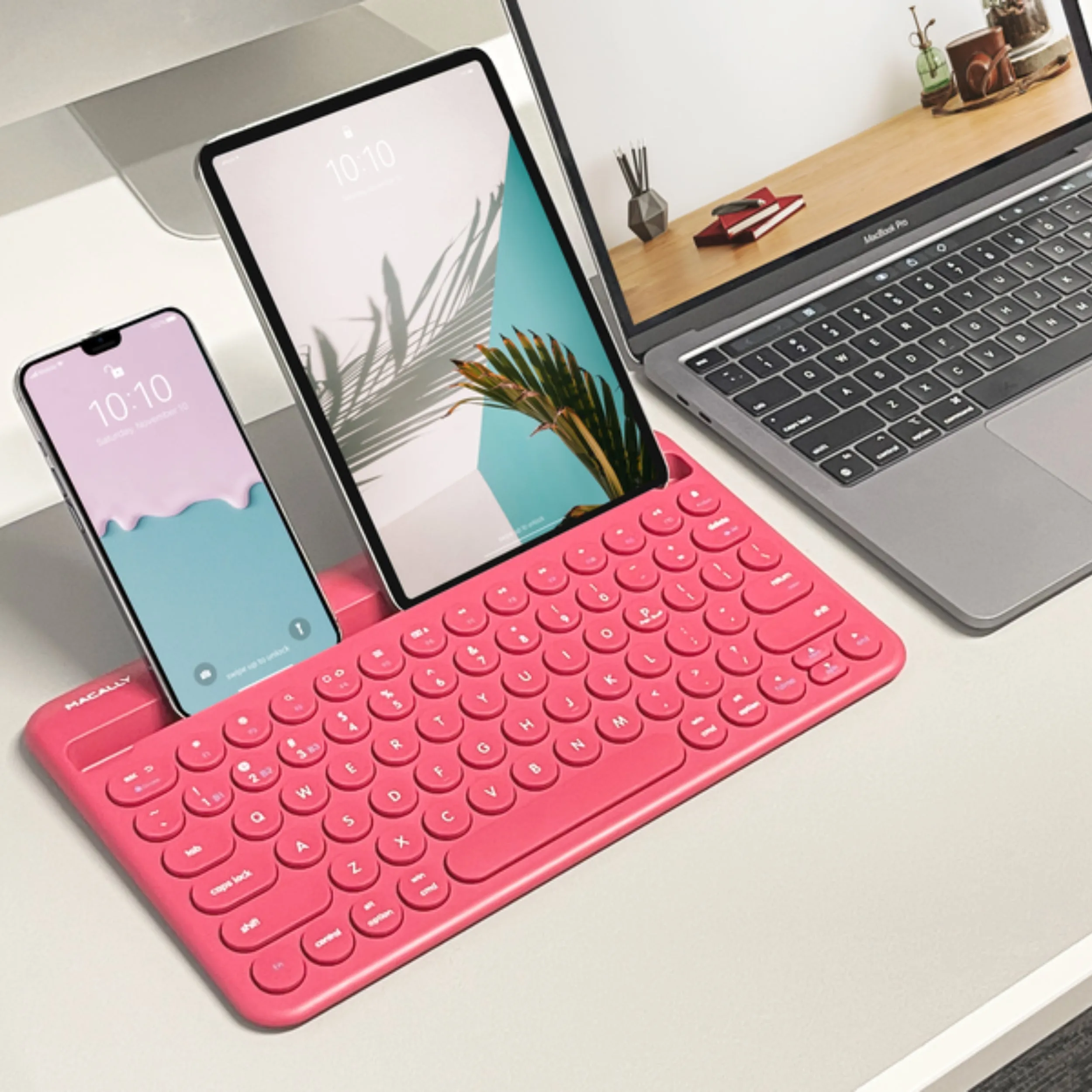 Compact Bluetooth Keyboard for Mac with iPhone or iPad Holder (Viva Magenta)