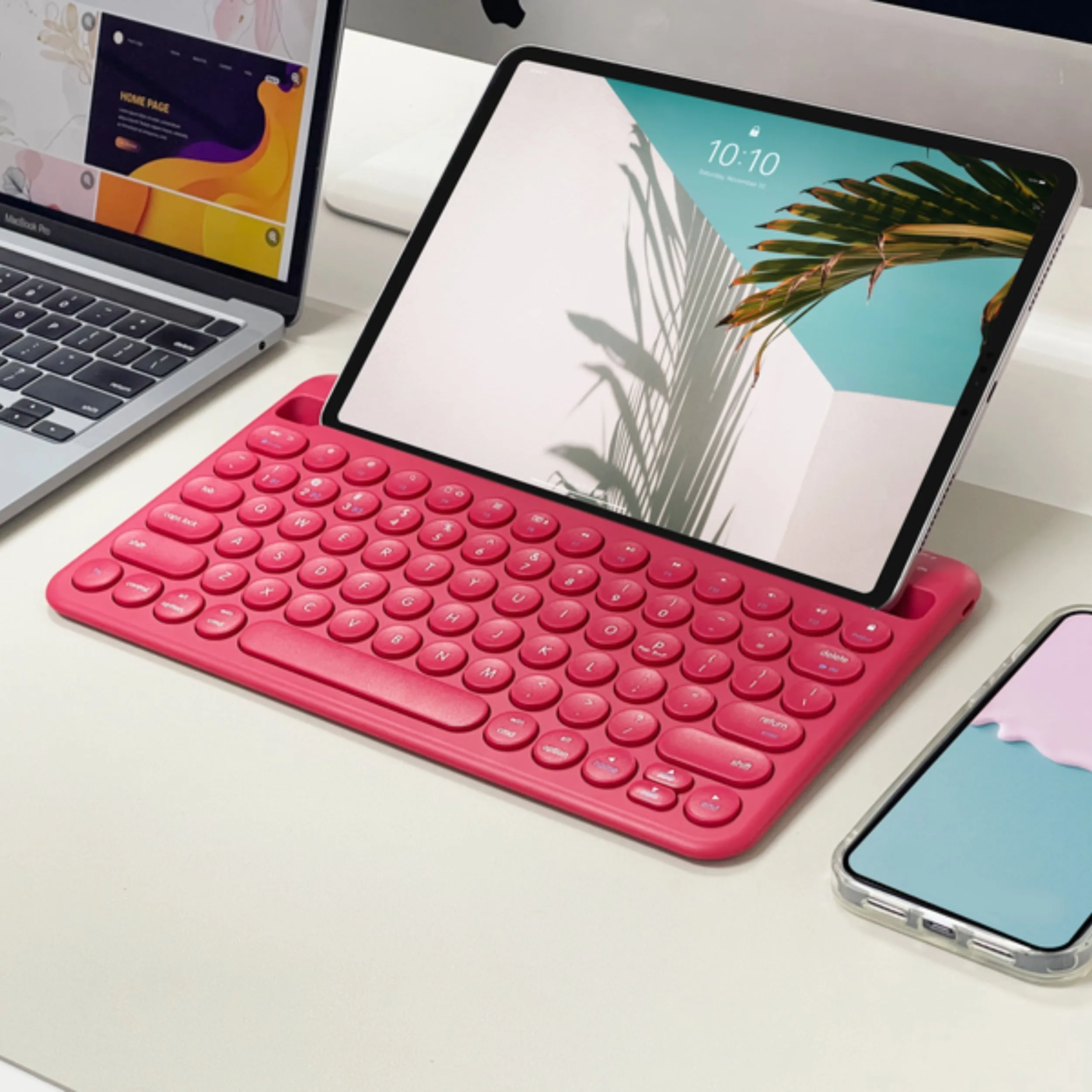 Compact Bluetooth Keyboard for Mac with iPhone or iPad Holder (Viva Magenta)