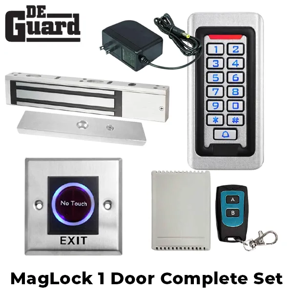 Complete Door Kit - Single Door Maglock 1200 lb w/ Stand Alone Keypad Controller - Wireless Remote Control Switch Kit - 12VDC Transformer & Contactless Door Exit Button (BUNDLE)