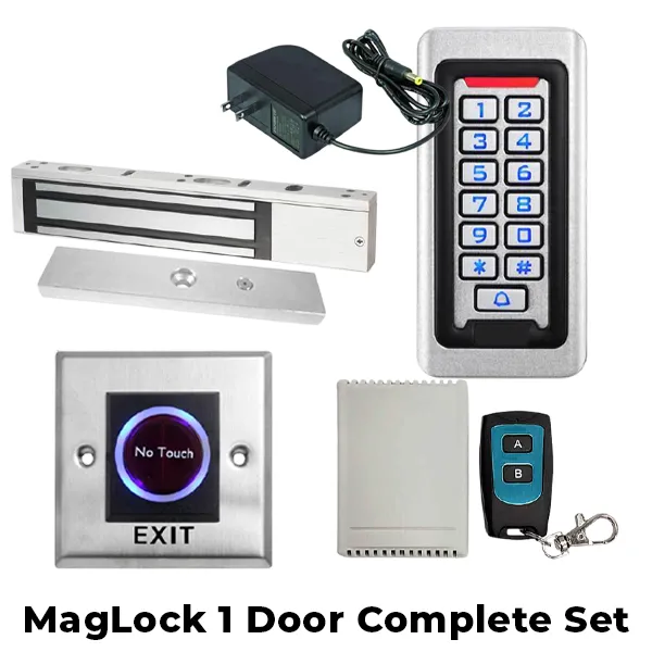 Complete Door Kit - Single Door Maglock 1200 lb w/ Stand Alone Keypad Controller - Wireless Remote Control Switch Kit - 12VDC Transformer & Contactless Door Exit Button (BUNDLE)