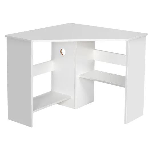 Corner Computer Desk Triangle Writing Workstation with Storage Shelf-White