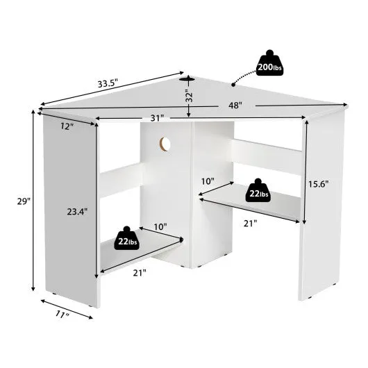 Corner Computer Desk Triangle Writing Workstation with Storage Shelf-White