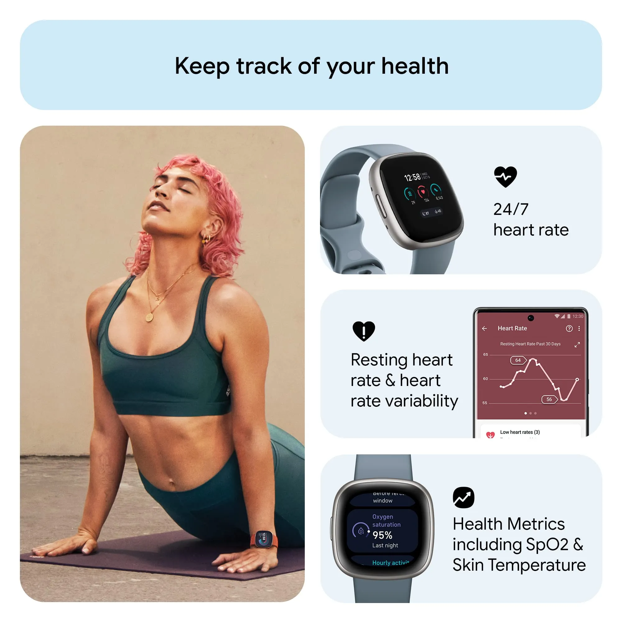 Fitbit Versa 4 Fitness Smartwatch with Daily Readiness, GPS, 24/7 Heart Rate, 40  Exercise Modes, Sleep Tracking and more, Waterfall Blue/Platinum, One Size (S & L Bands Included)