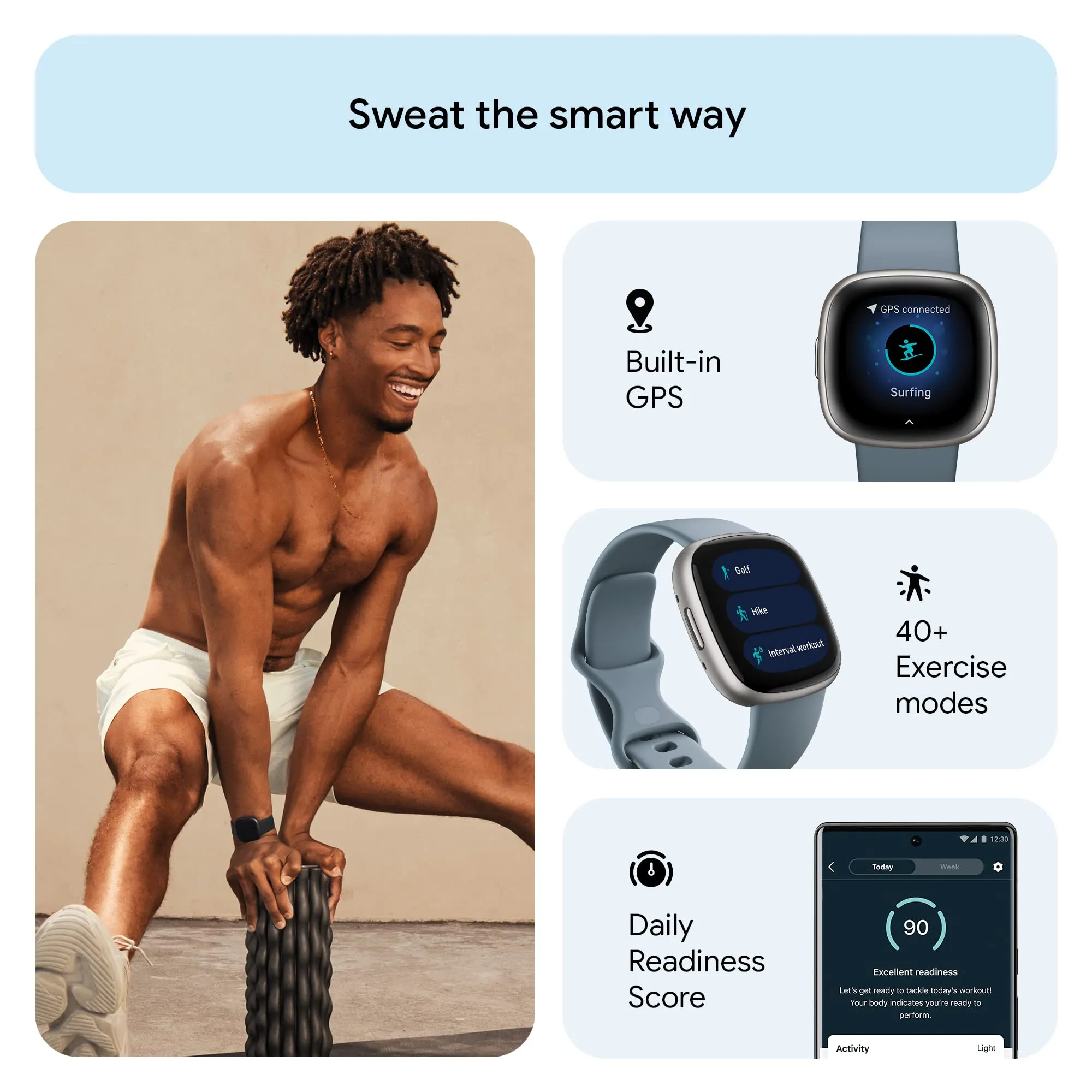 Fitbit Versa 4 Fitness Smartwatch with Daily Readiness, GPS, 24/7 Heart Rate, 40  Exercise Modes, Sleep Tracking and more, Waterfall Blue/Platinum, One Size (S & L Bands Included)