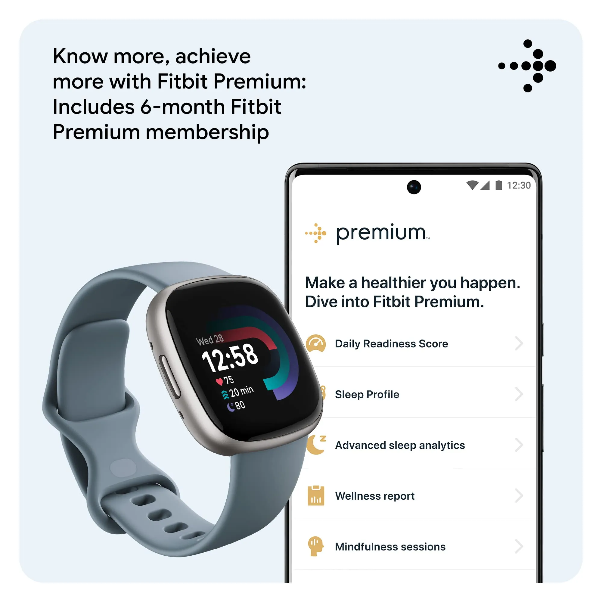 Fitbit Versa 4 Fitness Smartwatch with Daily Readiness, GPS, 24/7 Heart Rate, 40  Exercise Modes, Sleep Tracking and more, Waterfall Blue/Platinum, One Size (S & L Bands Included)