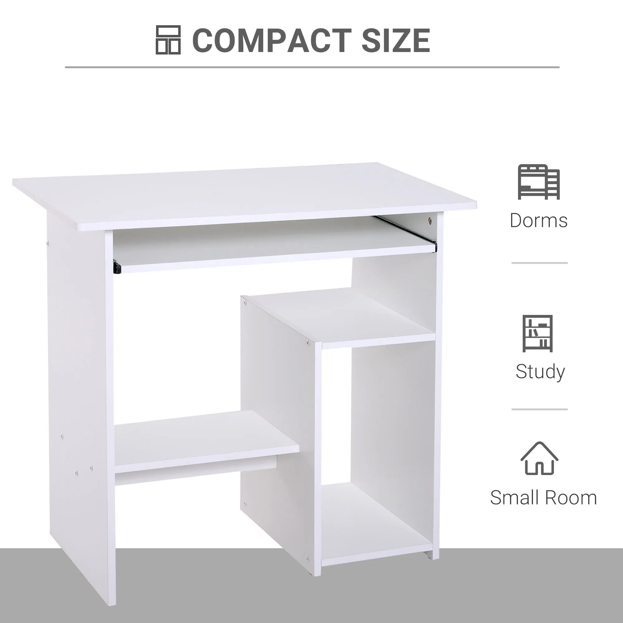 Homcom Compact Small Computer Table Wooden Desk Keyboard Tray Storage Shelf Modern Corner Table Home Office White