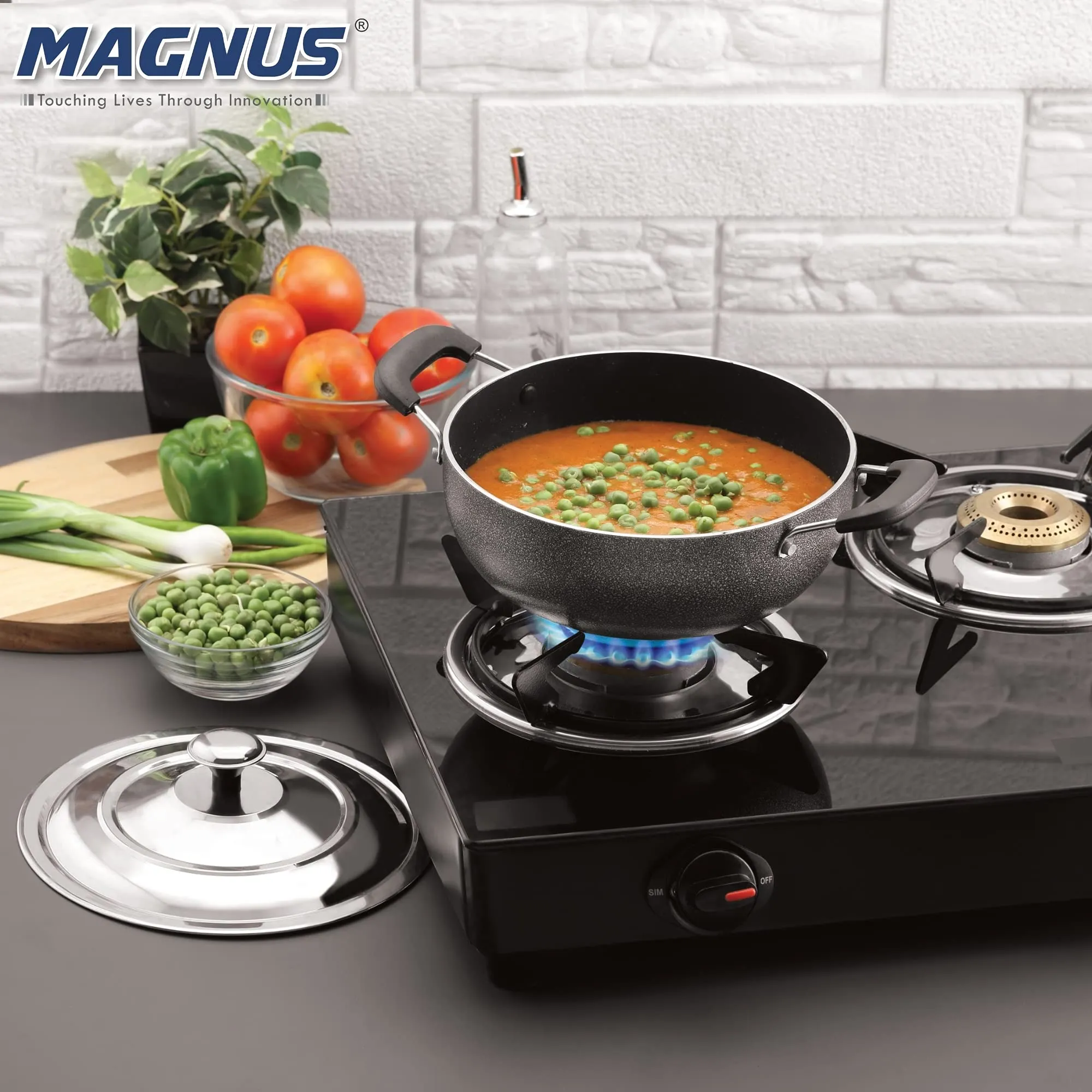 Magnus Optima Non-Stick Aluminum Deep Kadai with Stainless Steel Lid,190 mm/1.5 Litres, Hammertone Finish,(Black & Grey)