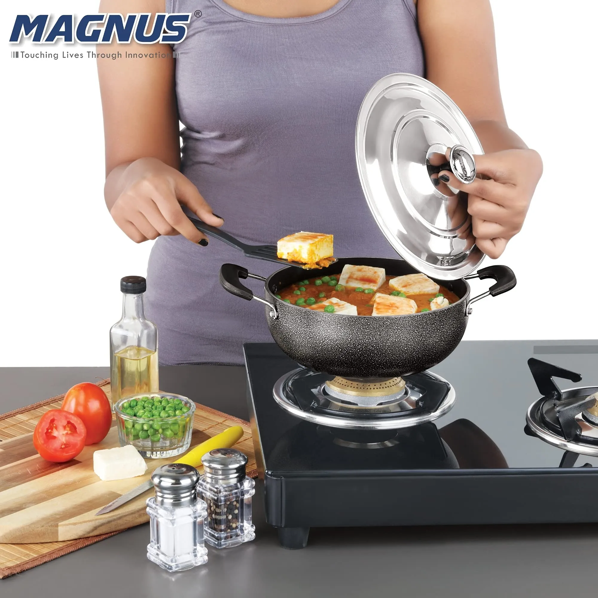 Magnus Optima Non-Stick Aluminum Deep Kadai with Stainless Steel Lid,190 mm/1.5 Litres, Hammertone Finish,(Black & Grey)