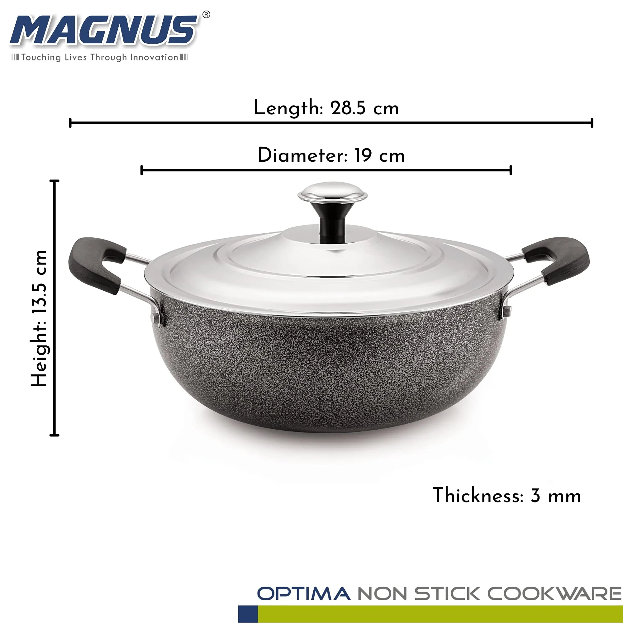 Magnus Optima Non-Stick Aluminum Deep Kadai with Stainless Steel Lid,190 mm/1.5 Litres, Hammertone Finish,(Black & Grey)