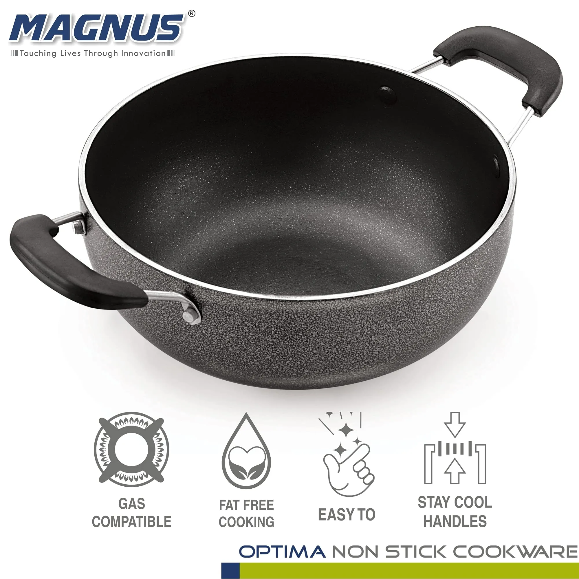 Magnus Optima Non-Stick Aluminum Deep Kadai with Stainless Steel Lid,190 mm/1.5 Litres, Hammertone Finish,(Black & Grey)