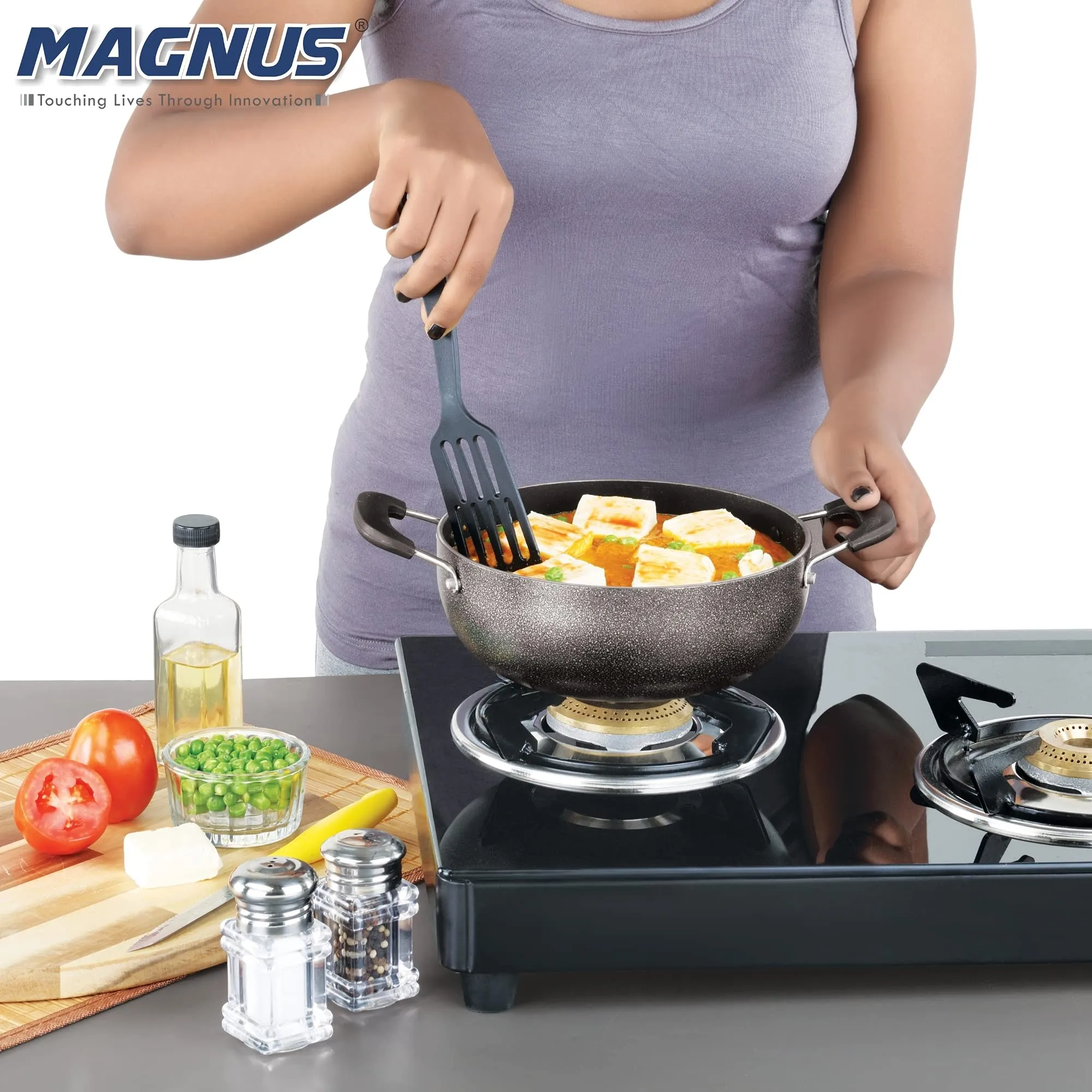 Magnus Optima Non-Stick Aluminum Deep Kadai with Stainless Steel Lid,190 mm/1.5 Litres, Hammertone Finish,(Black & Grey)