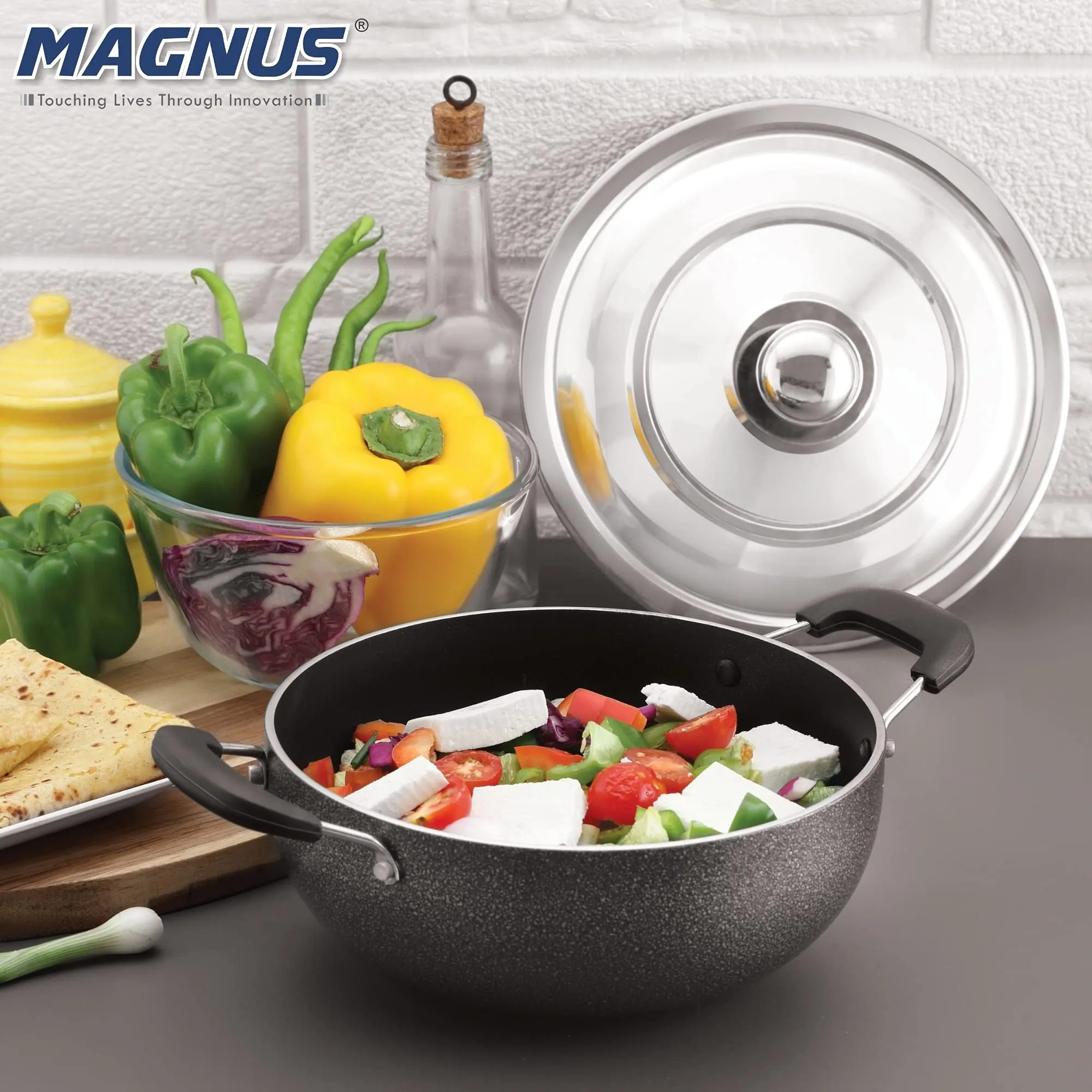 Magnus Optima Non-Stick Aluminum Deep Kadai with Stainless Steel Lid,190 mm/1.5 Litres, Hammertone Finish,(Black & Grey)