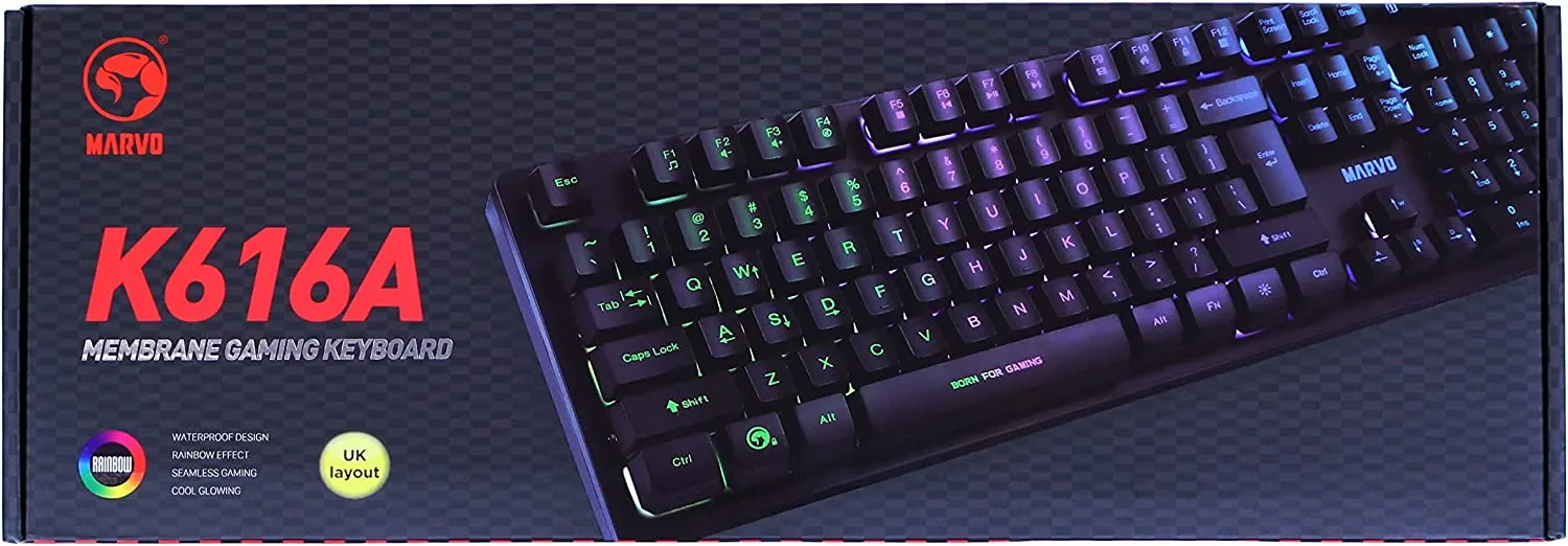 Marvo Scorpion K616A Gaming Keyboard, 3 Colour LED Backlit, USB 2.0, Frameless and Compact Design with Multi-Media and Anti-ghosting Keys, UK Layout