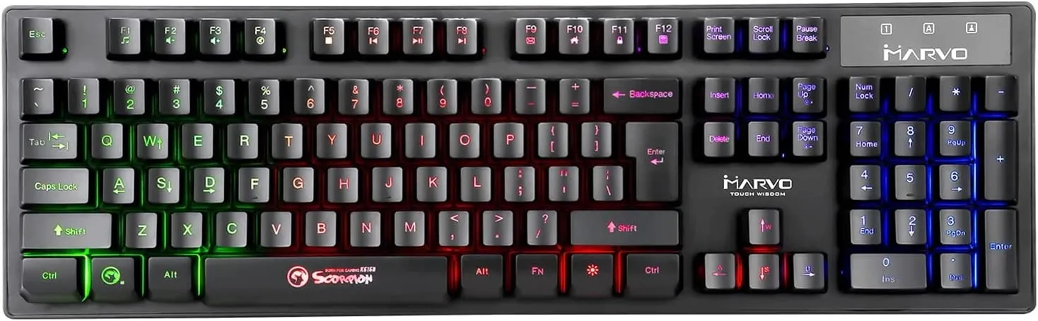 Marvo Scorpion K616A Gaming Keyboard, 3 Colour LED Backlit, USB 2.0, Frameless and Compact Design with Multi-Media and Anti-ghosting Keys, UK Layout