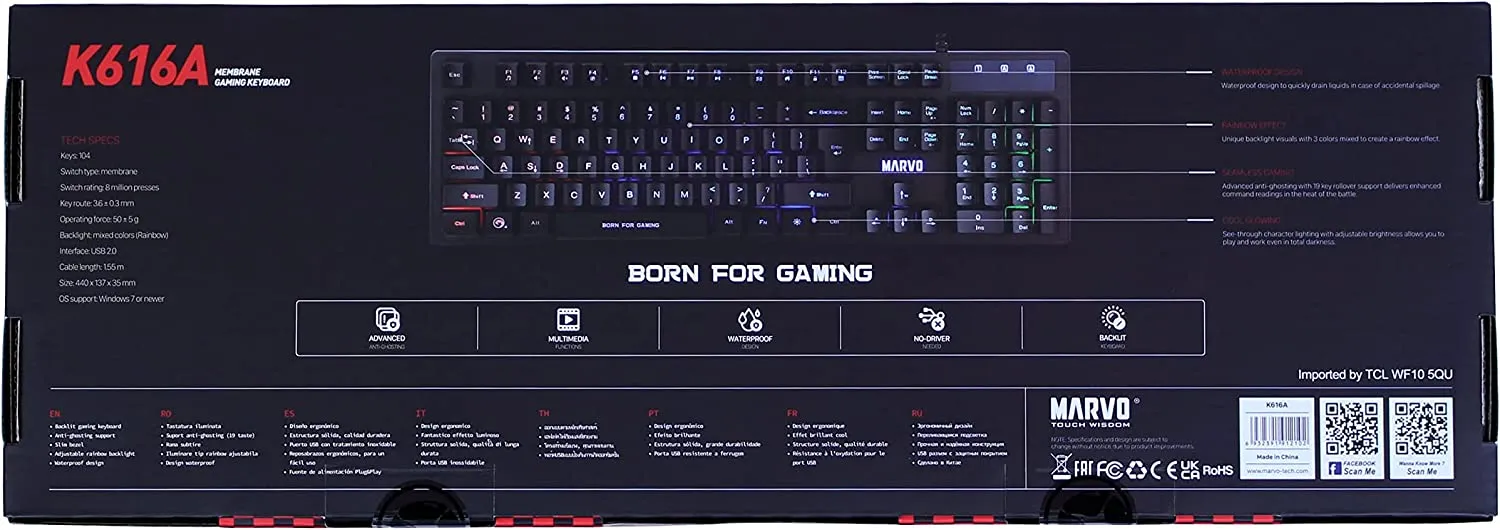 Marvo Scorpion K616A Gaming Keyboard, 3 Colour LED Backlit, USB 2.0, Frameless and Compact Design with Multi-Media and Anti-ghosting Keys, UK Layout