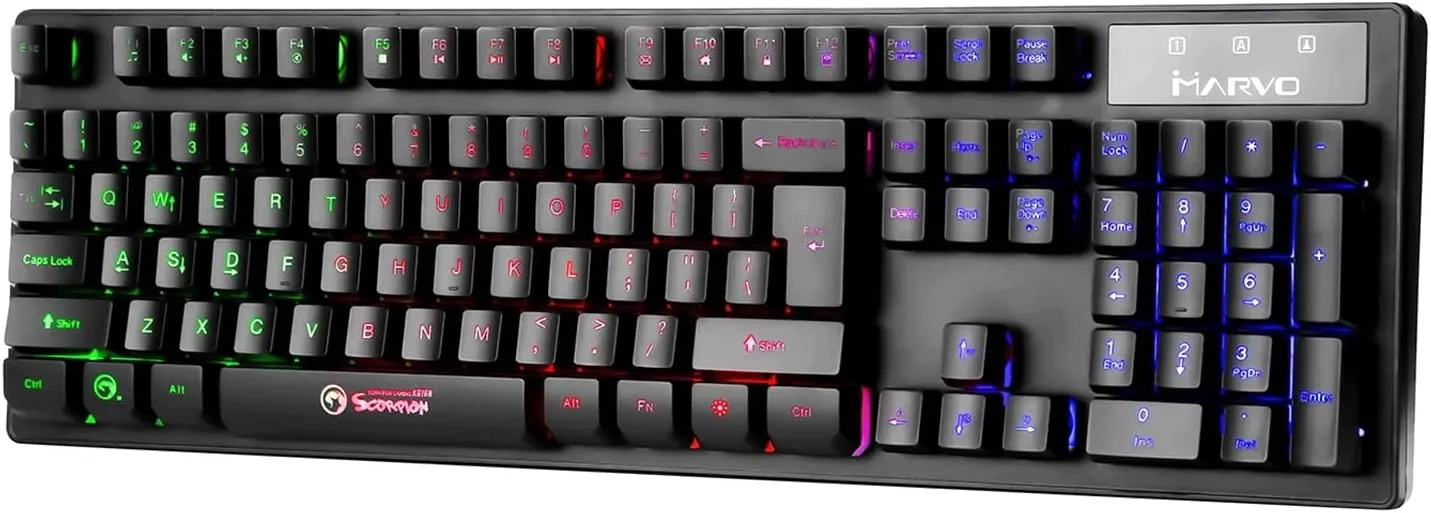 Marvo Scorpion K616A Gaming Keyboard, 3 Colour LED Backlit, USB 2.0, Frameless and Compact Design with Multi-Media and Anti-ghosting Keys, UK Layout