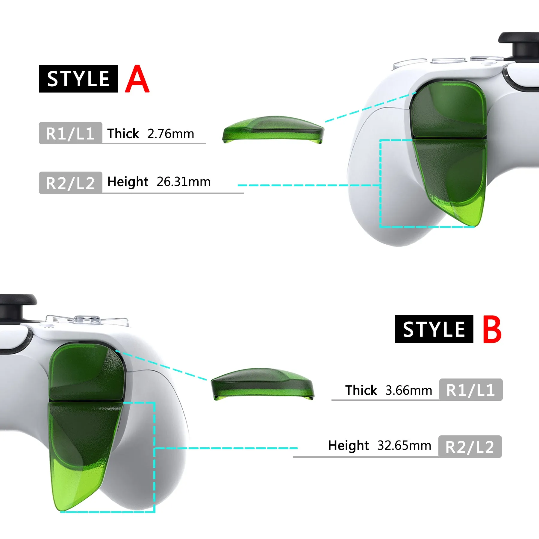 PlayVital BLADE 2 Pairs Shoulder Buttons Extension Triggers for ps5 Controller, Game Improvement Adjusters for PS Portal Remote Player, Bumper Trigger Extenders for ps5 Edge Controller - Clear Green - PFPJ044